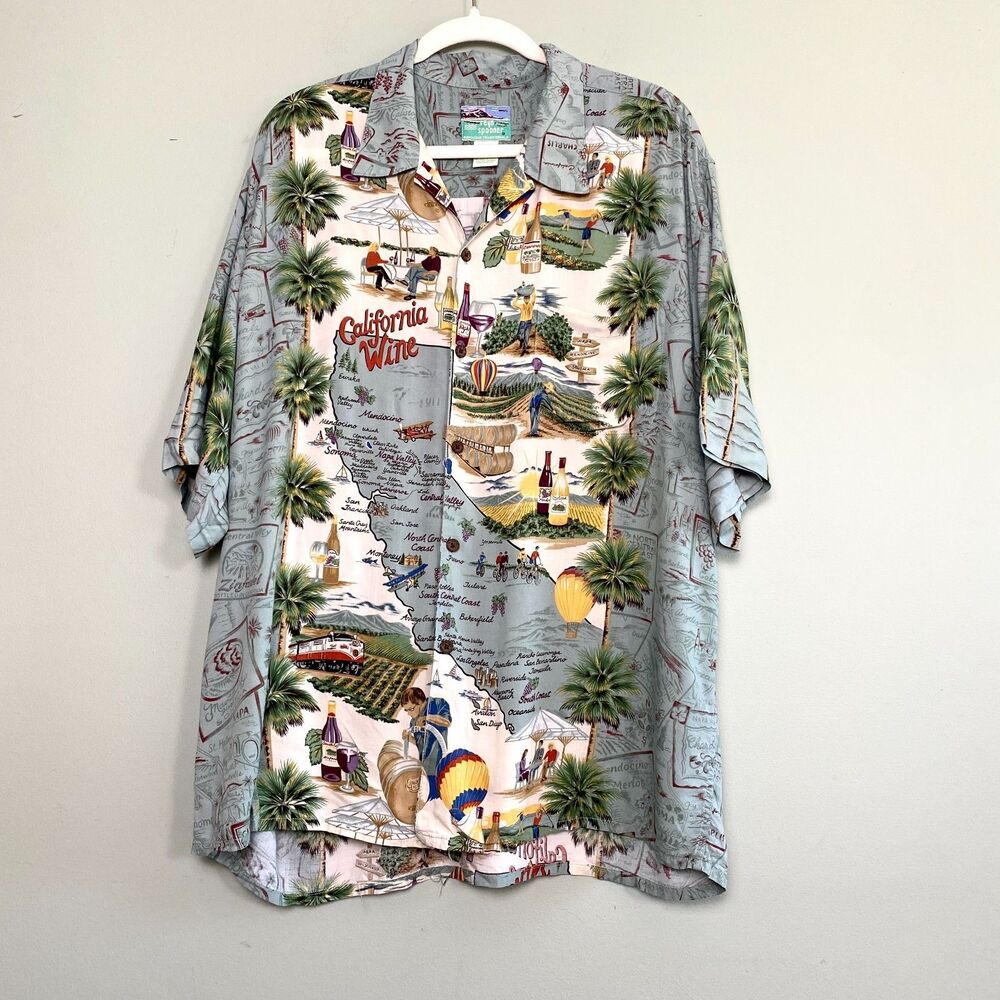 Reyn Spooner Hawaiian Shirt Mens XL Tiki Aloha Palm Tree California Art Rayon
